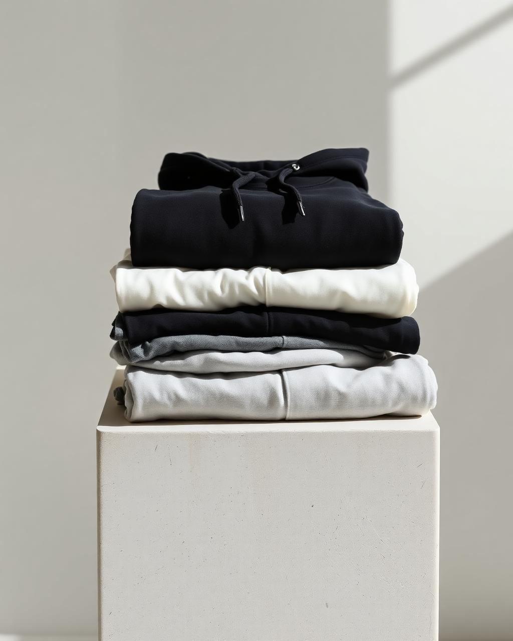 Folded stack of premium heavyweight t-shirts and hoodies