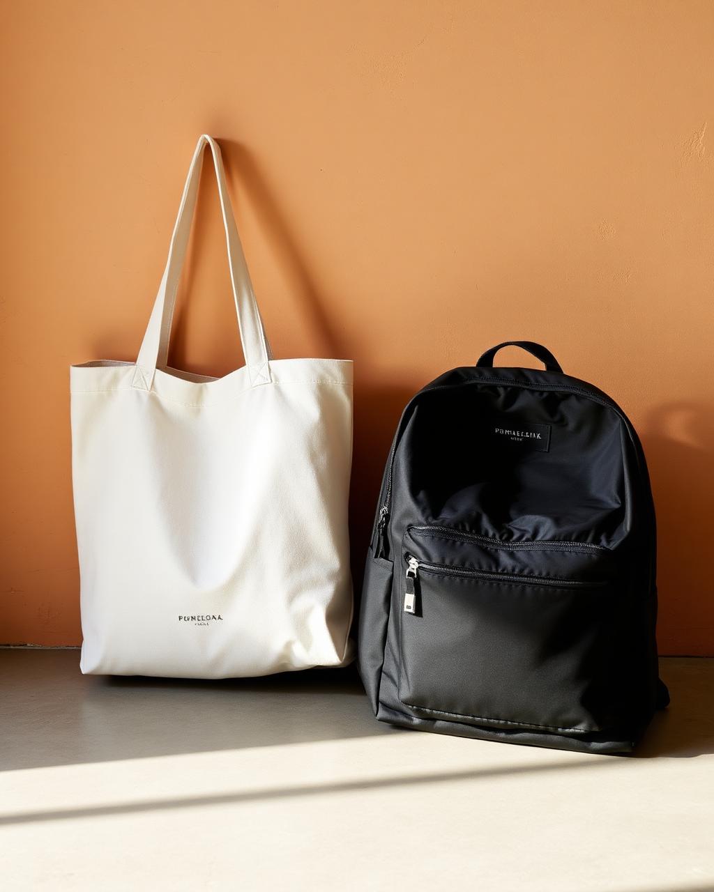 Canvas tote and matte black backpack with minimal branding