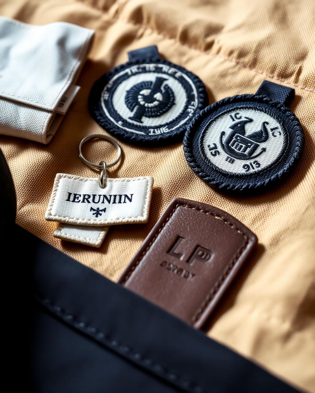 Woven labels, embroidered patches, and leather patches on linen