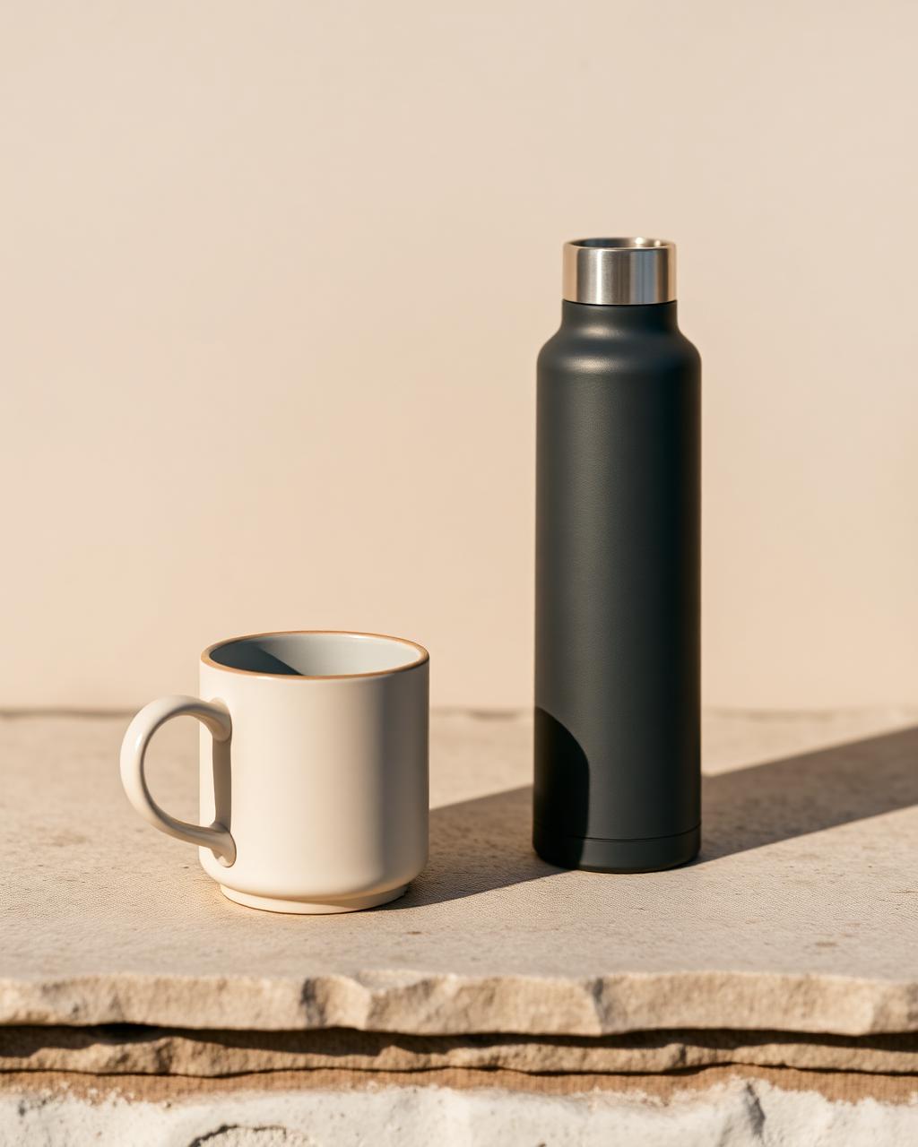 Matte ceramic mug and insulated bottle on a stone surface