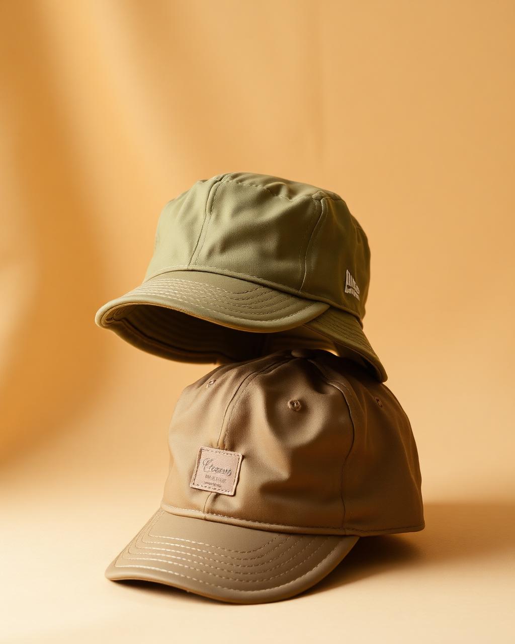 Custom camp caps and dad hats stacked on a beige backdrop
