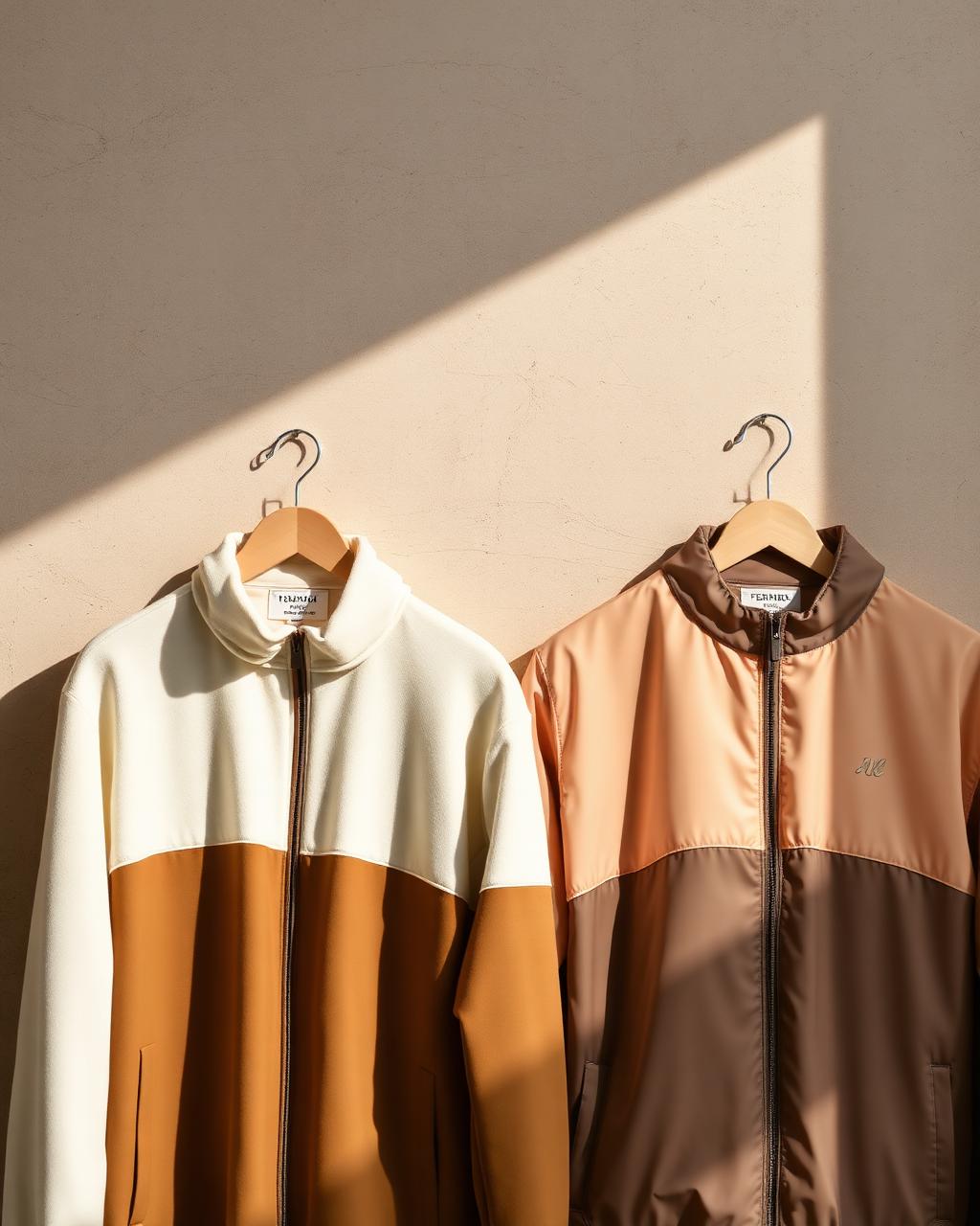 Premium fleece and nylon jackets on wooden hangers