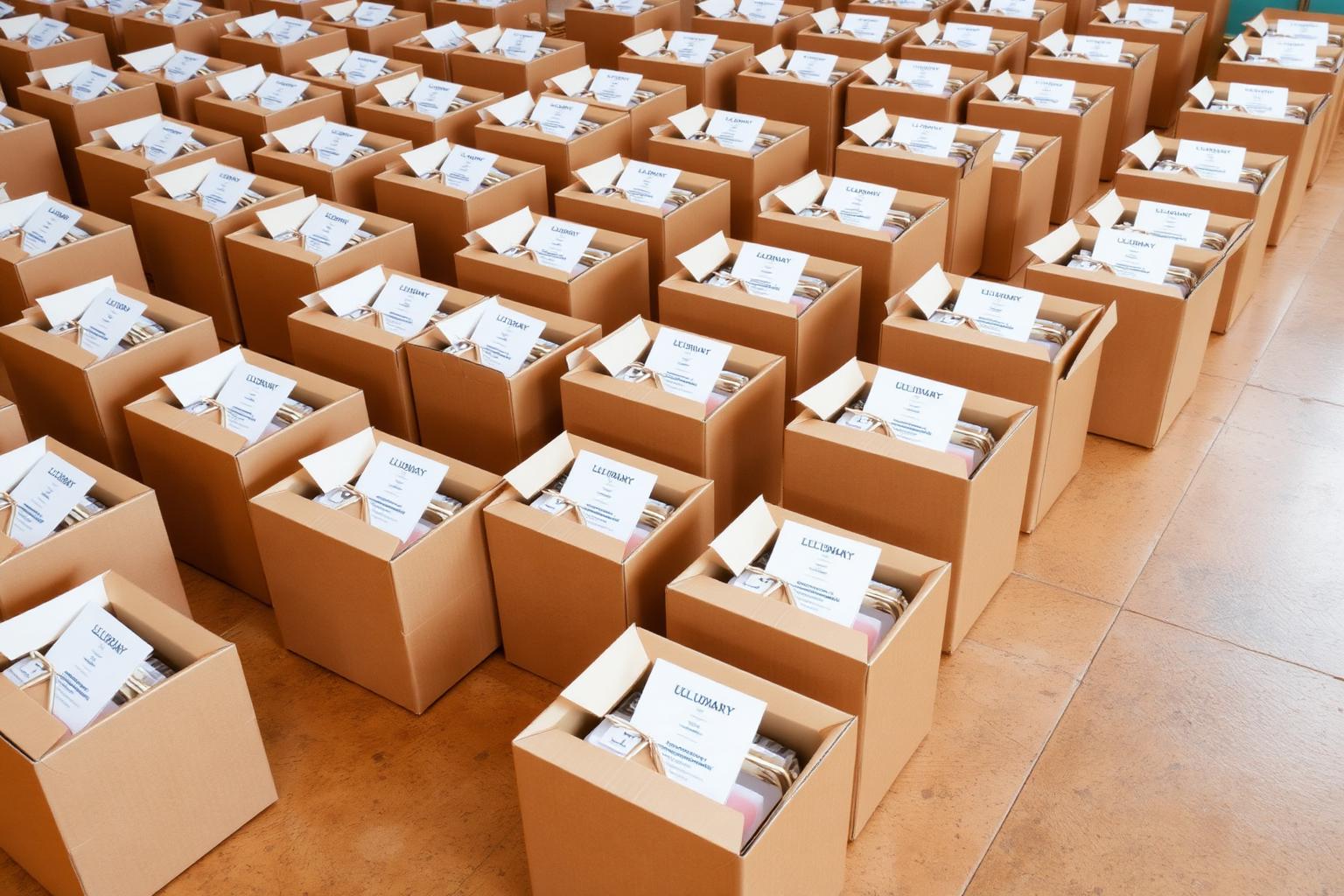 Dozens of branded gift boxes arranged in a grid, prepared for company-wide shipping