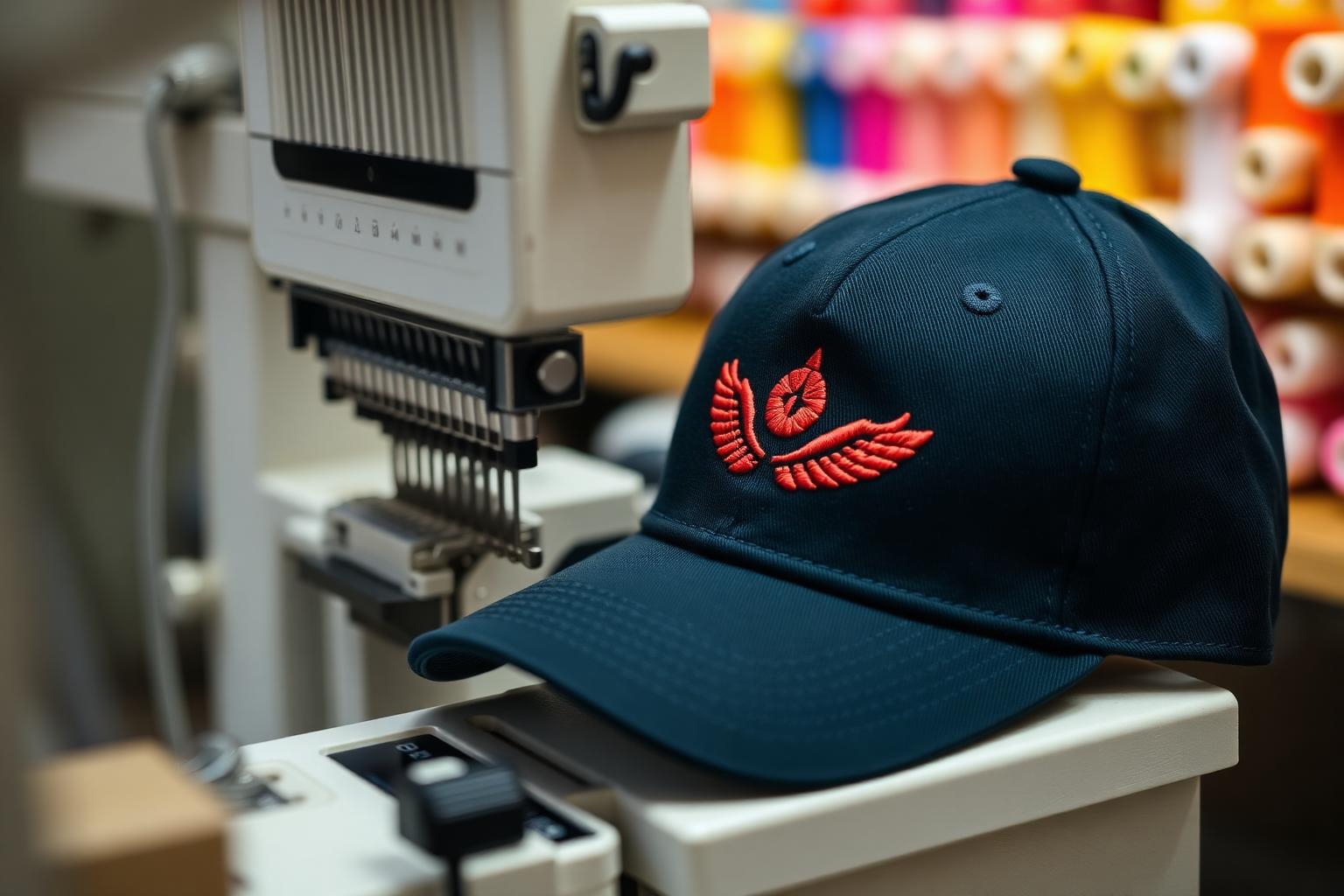 Industrial embroidery machine stitching a logo onto a cap