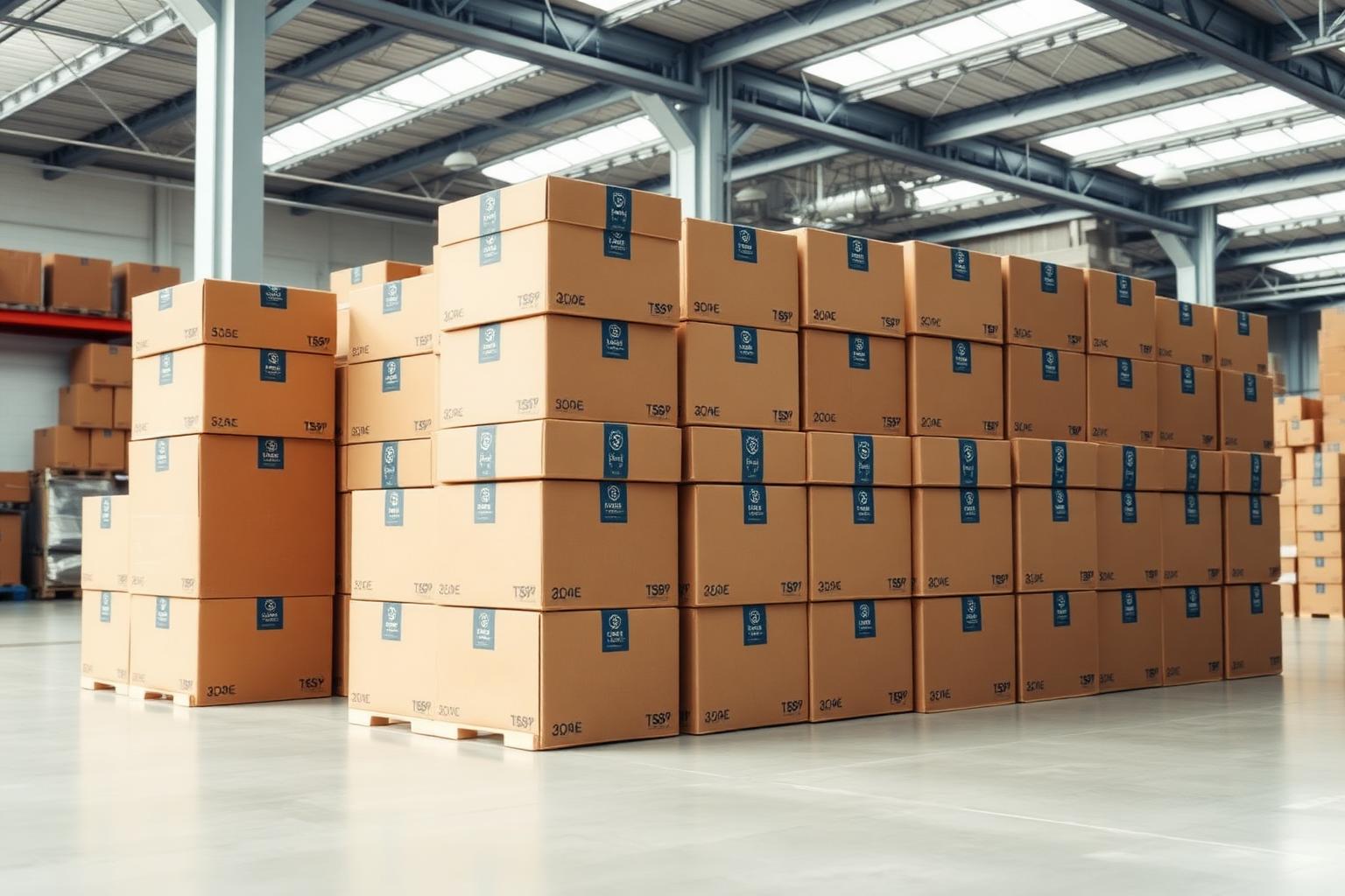 Branded shipping boxes stacked in a bright modern warehouse