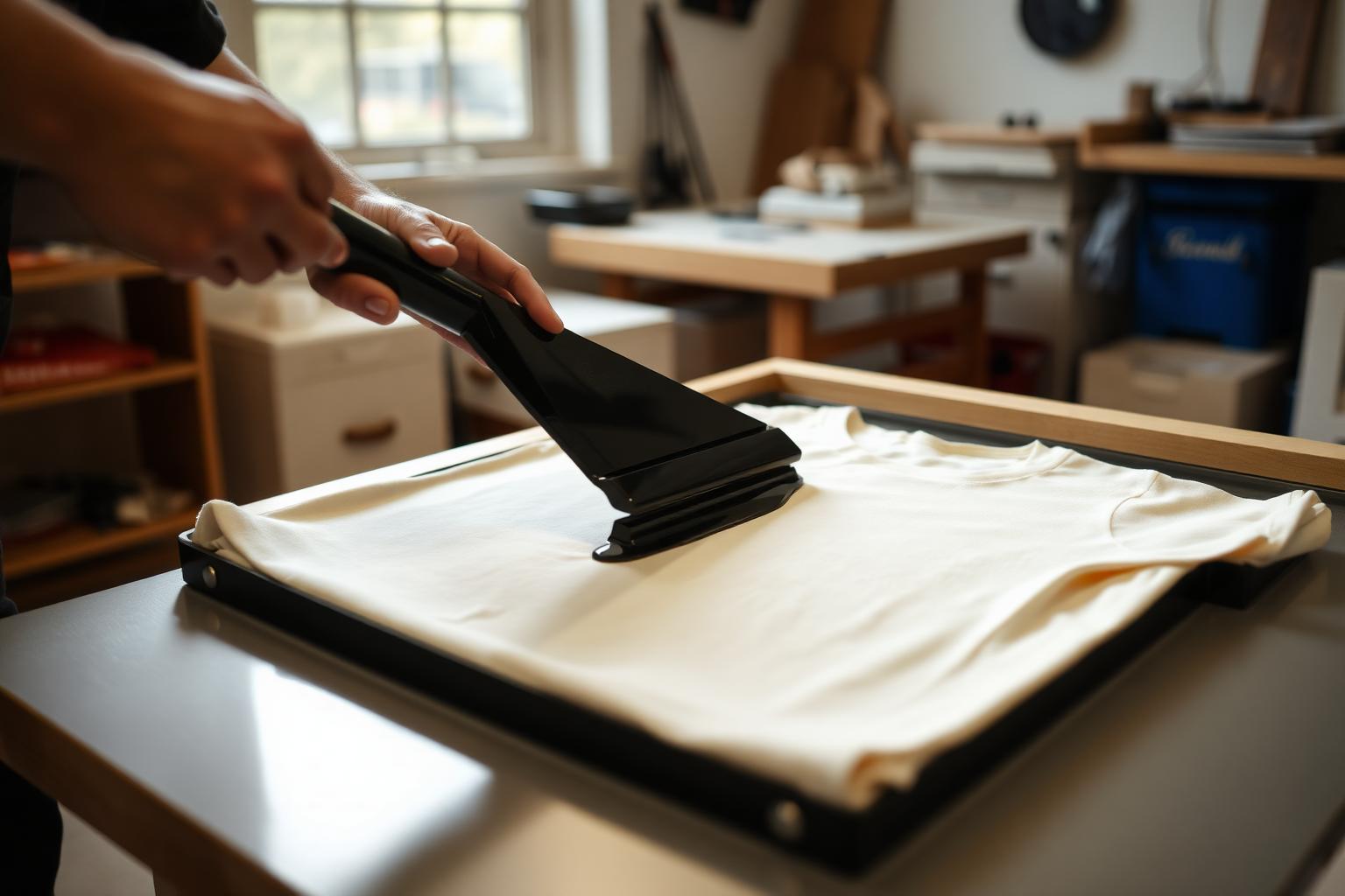 Screen printing a cream t-shirt in a workshop